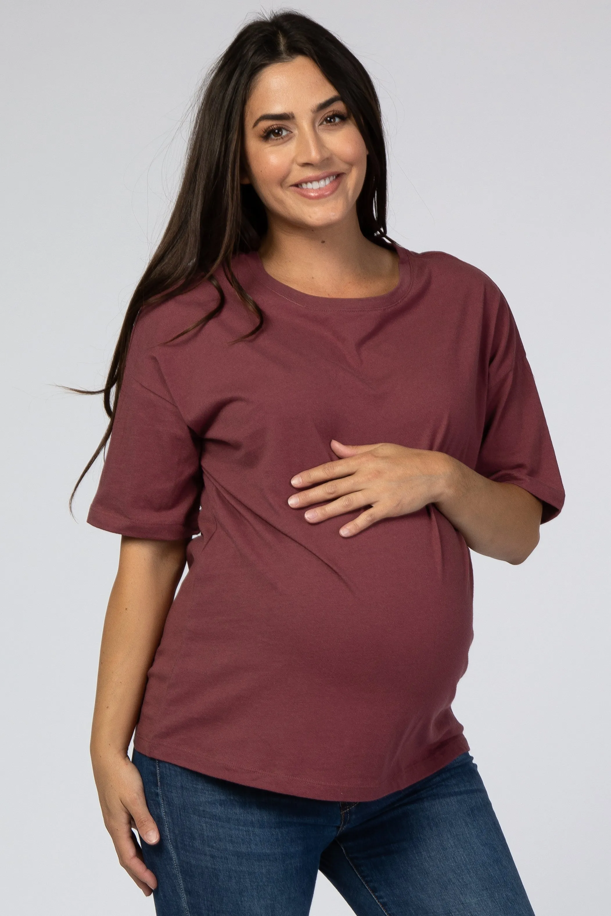 Burgundy Basic Short Sleeve Maternity Tee sold by Pinkblush