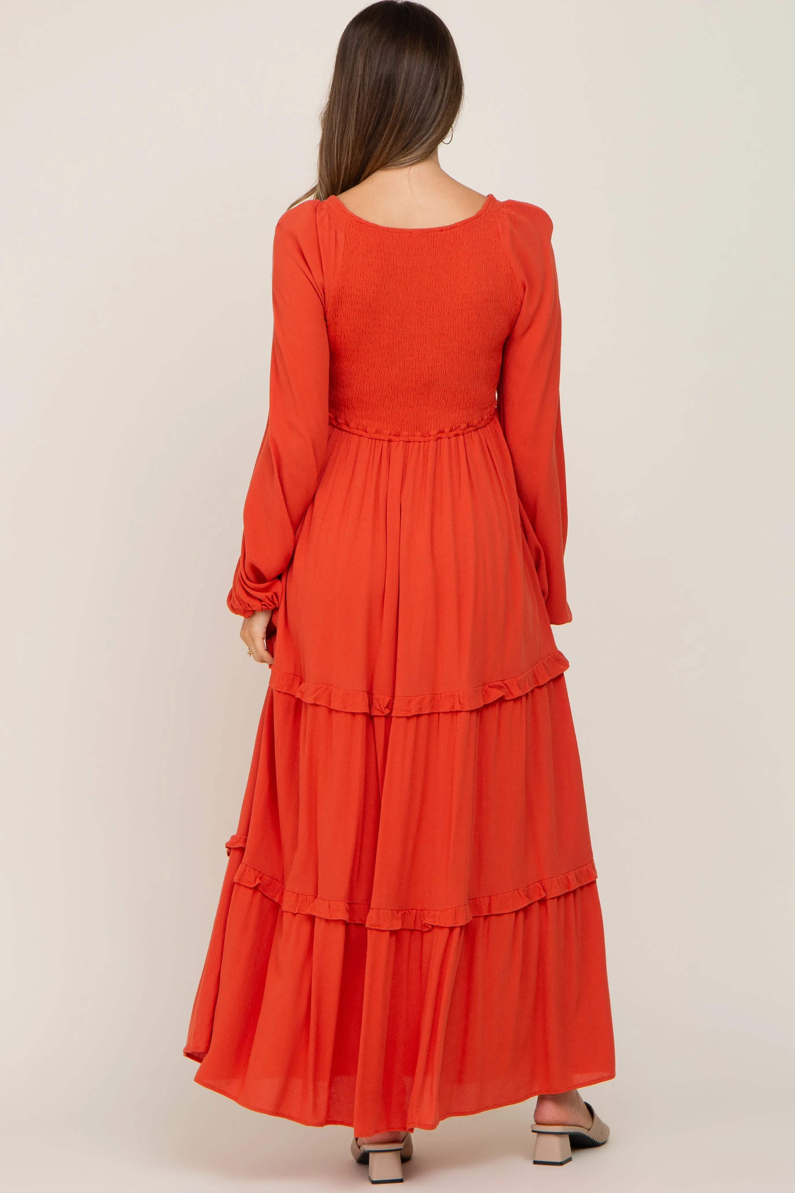 Rust Smocked Tiered Maternity Midi Dress sold by Pinkblush product image thumbnail 3