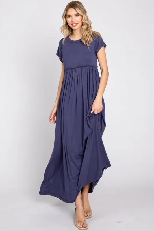 Navy Short Sleeve Pocketed Maxi Dress sold by Pinkblush