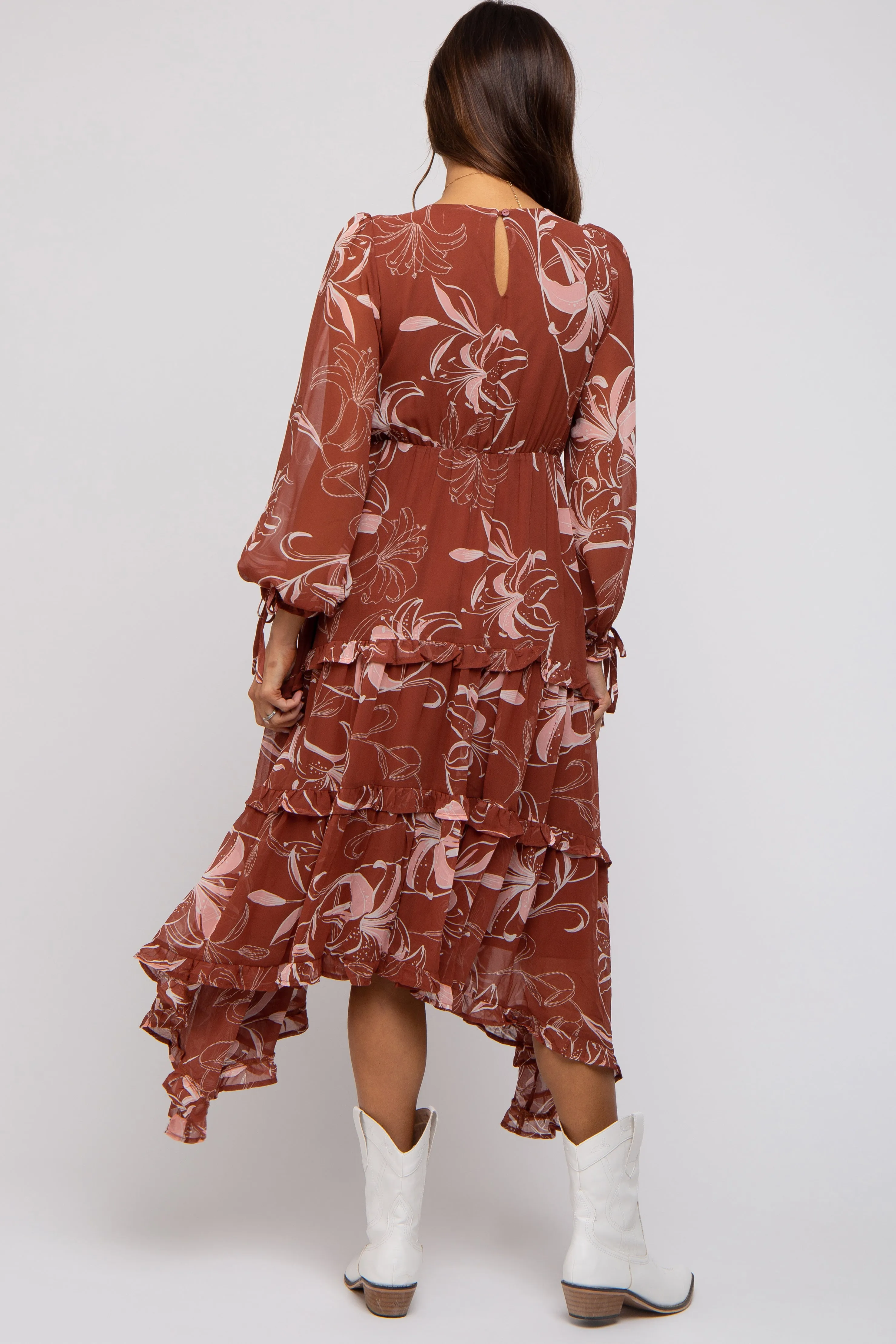 Brown Floral Chiffon Ruffle Tiered Maternity Midi Dress sold by Pinkblush product image thumbnail 3