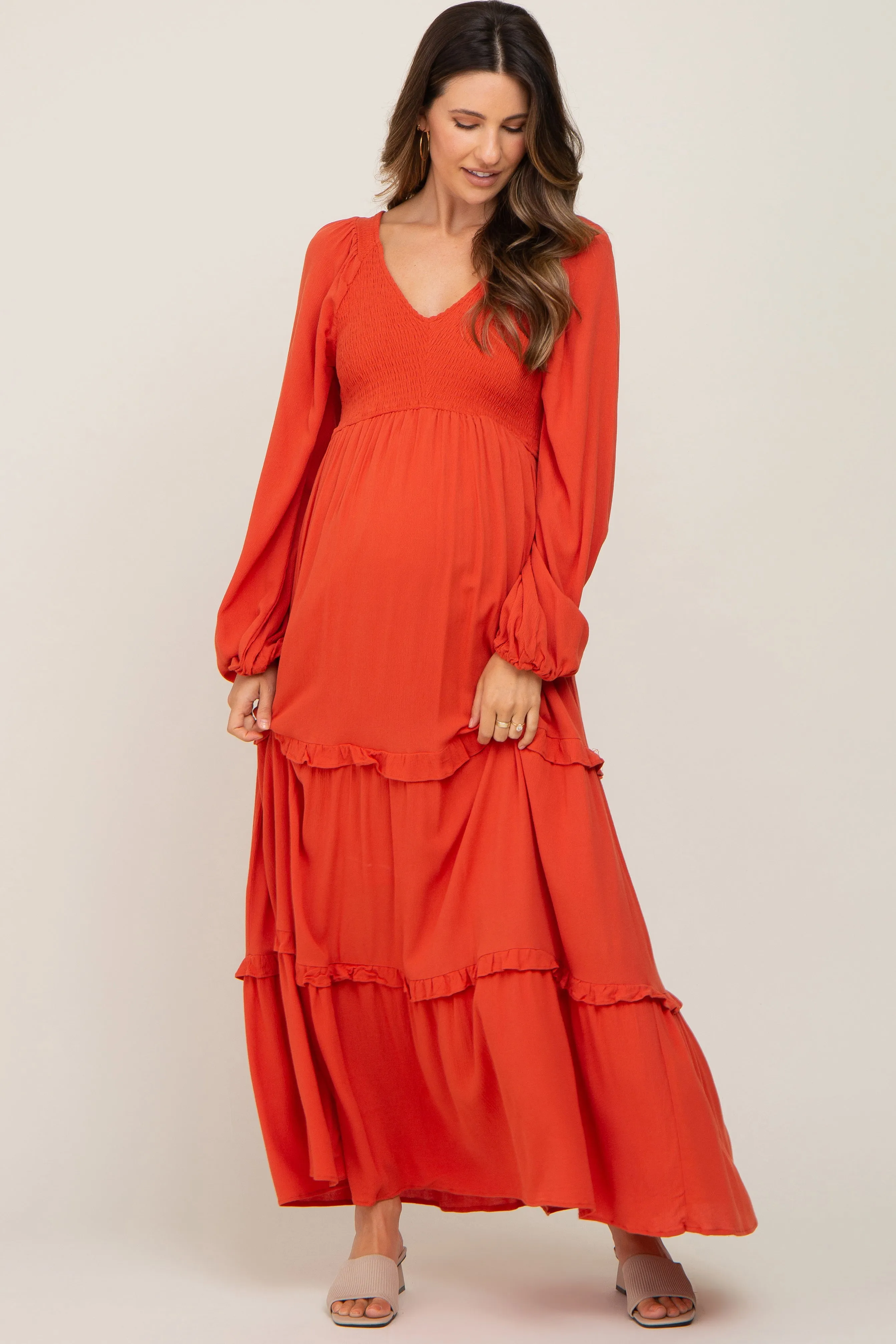 Rust Smocked Tiered Maternity Midi Dress sold by Pinkblush