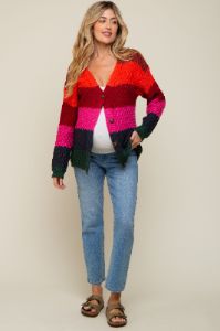 Multicolor Front Button Open Knit Maternity Cardigan sold by Pinkblush