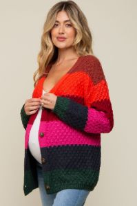 Multicolor Front Button Open Knit Maternity Cardigan sold by Pinkblush