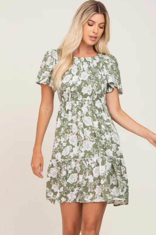Light Olive Floral Smocked Ruffle Accent Dress sold by Pinkblush