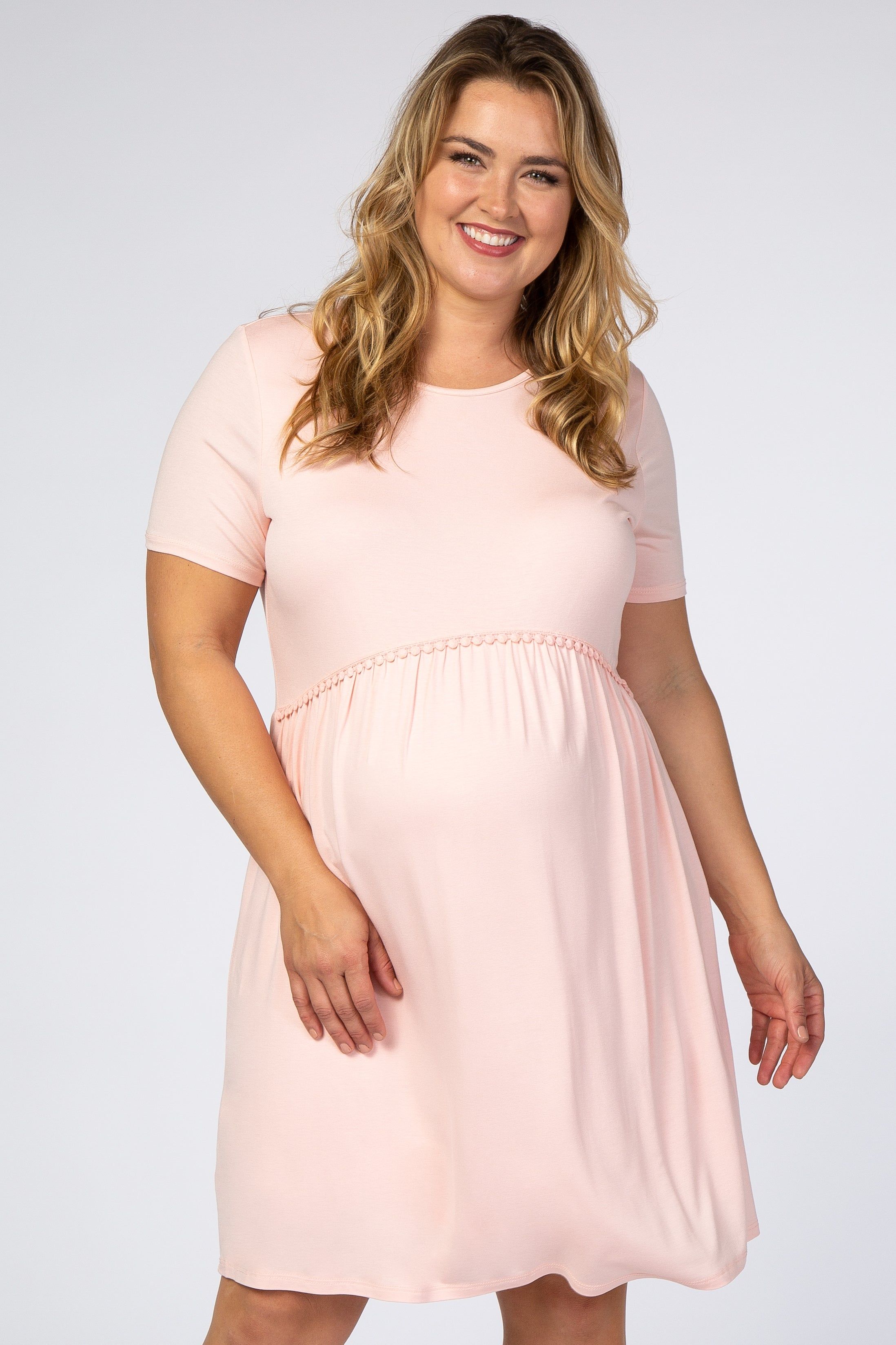 Light Pink Solid Crochet Trim Maternity Plus Shift Dress sold by Pinkblush product image thumbnail 2
