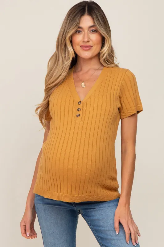 Camel Ribbed Knit Button Maternity Top sold by Pinkblush