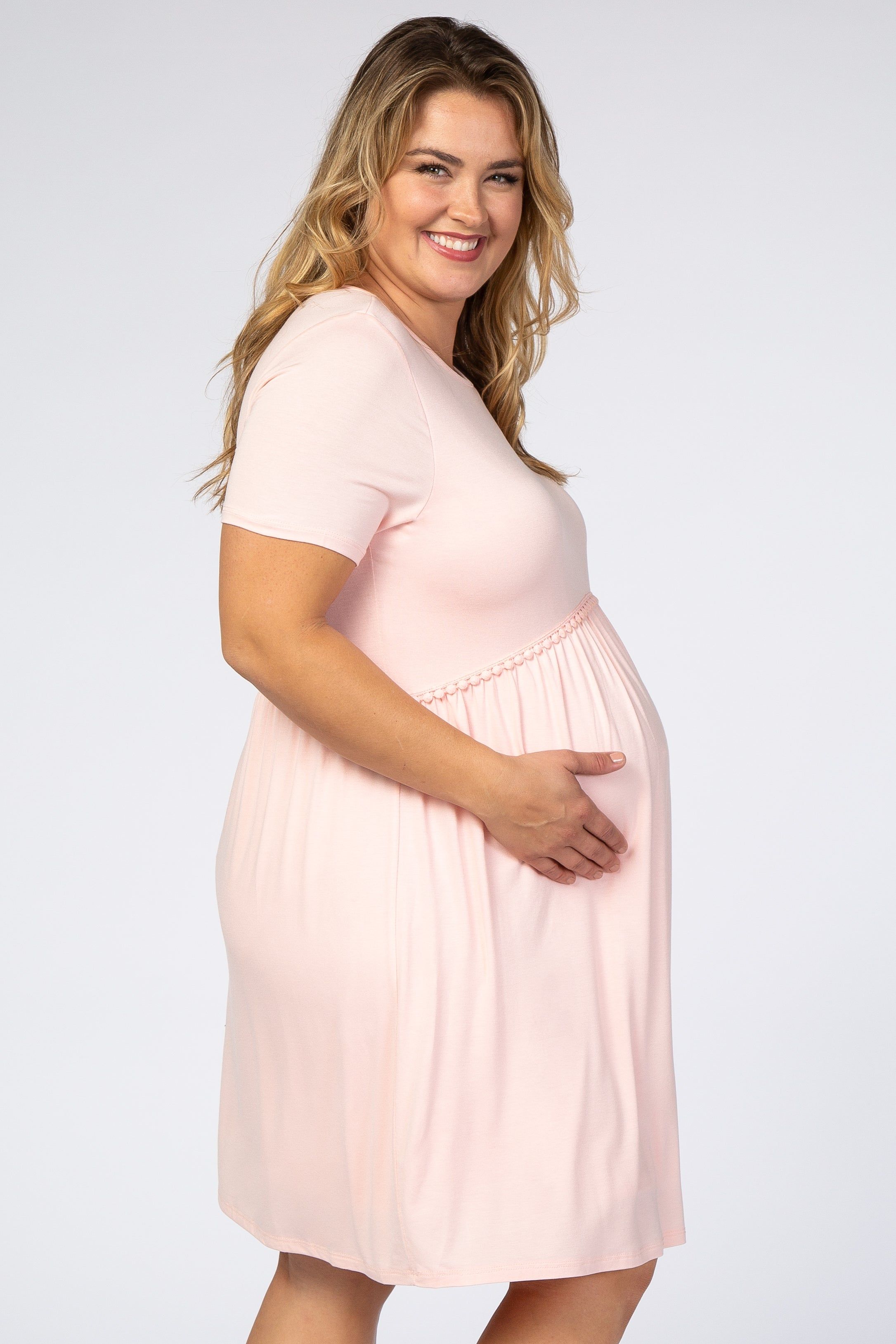 Light Pink Solid Crochet Trim Maternity Plus Shift Dress sold by Pinkblush product image thumbnail 3
