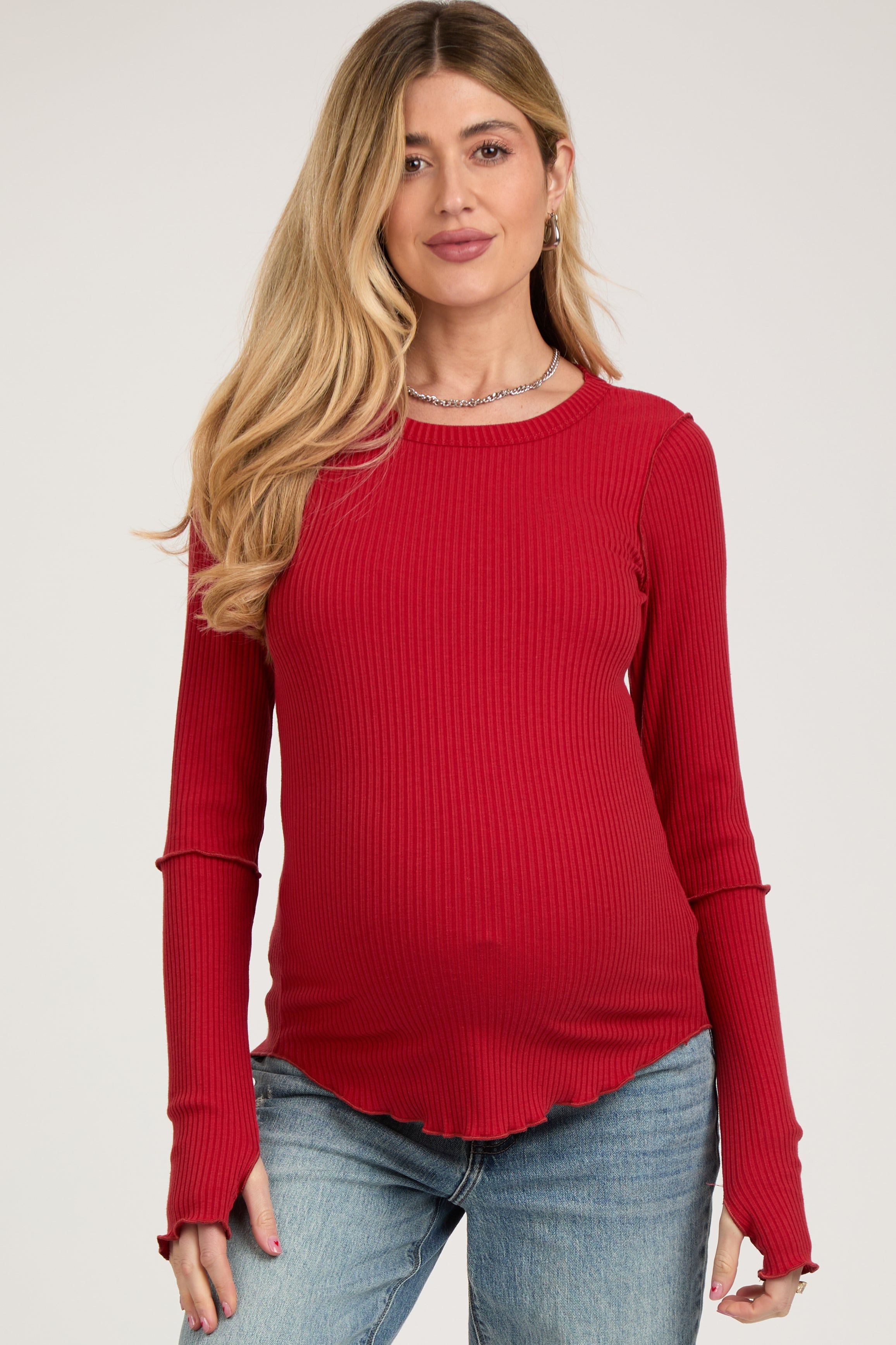 Red Ribbed Maternity Long Sleeve Top sold by Pinkblush