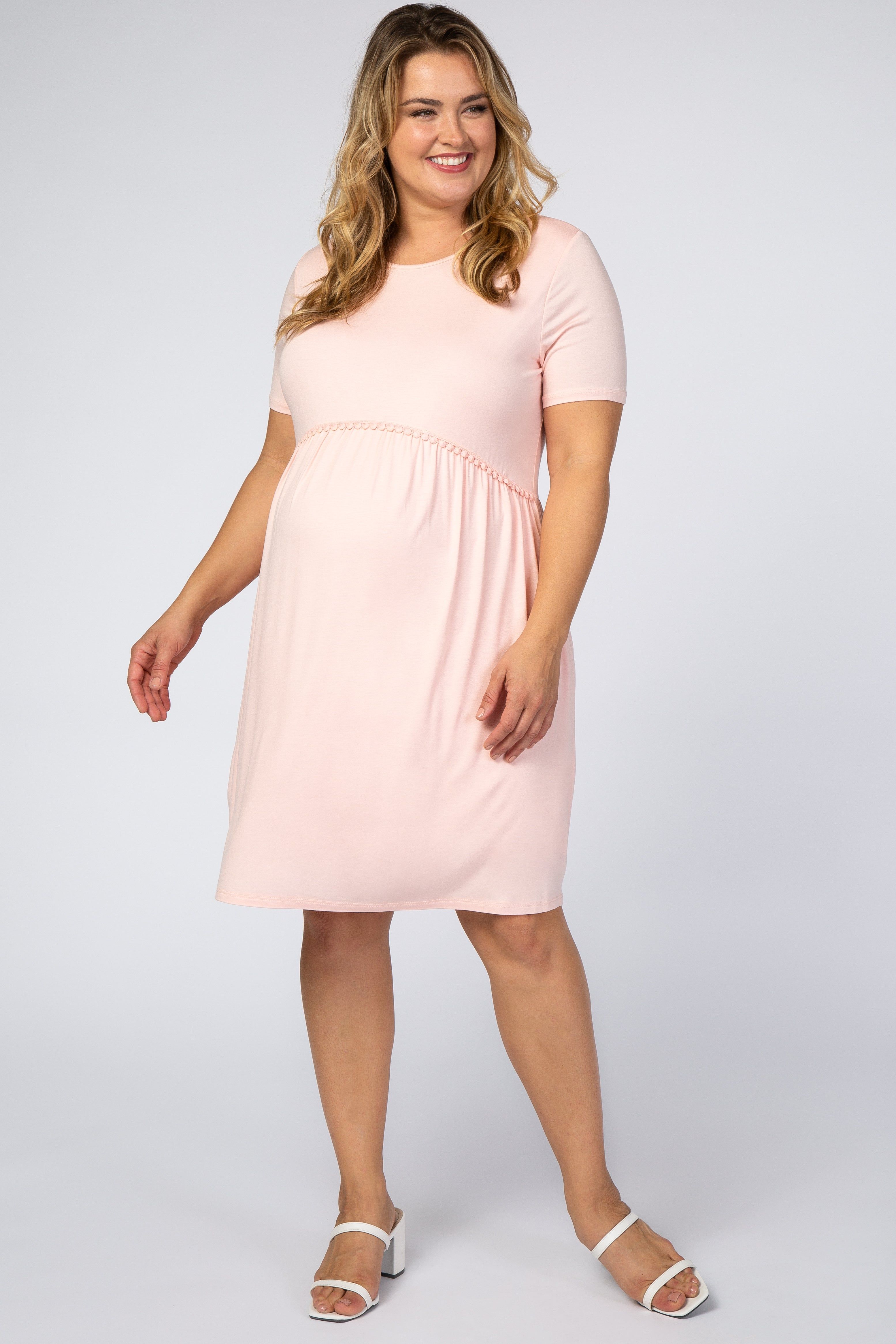 Light Pink Solid Crochet Trim Maternity Plus Shift Dress sold by Pinkblush
