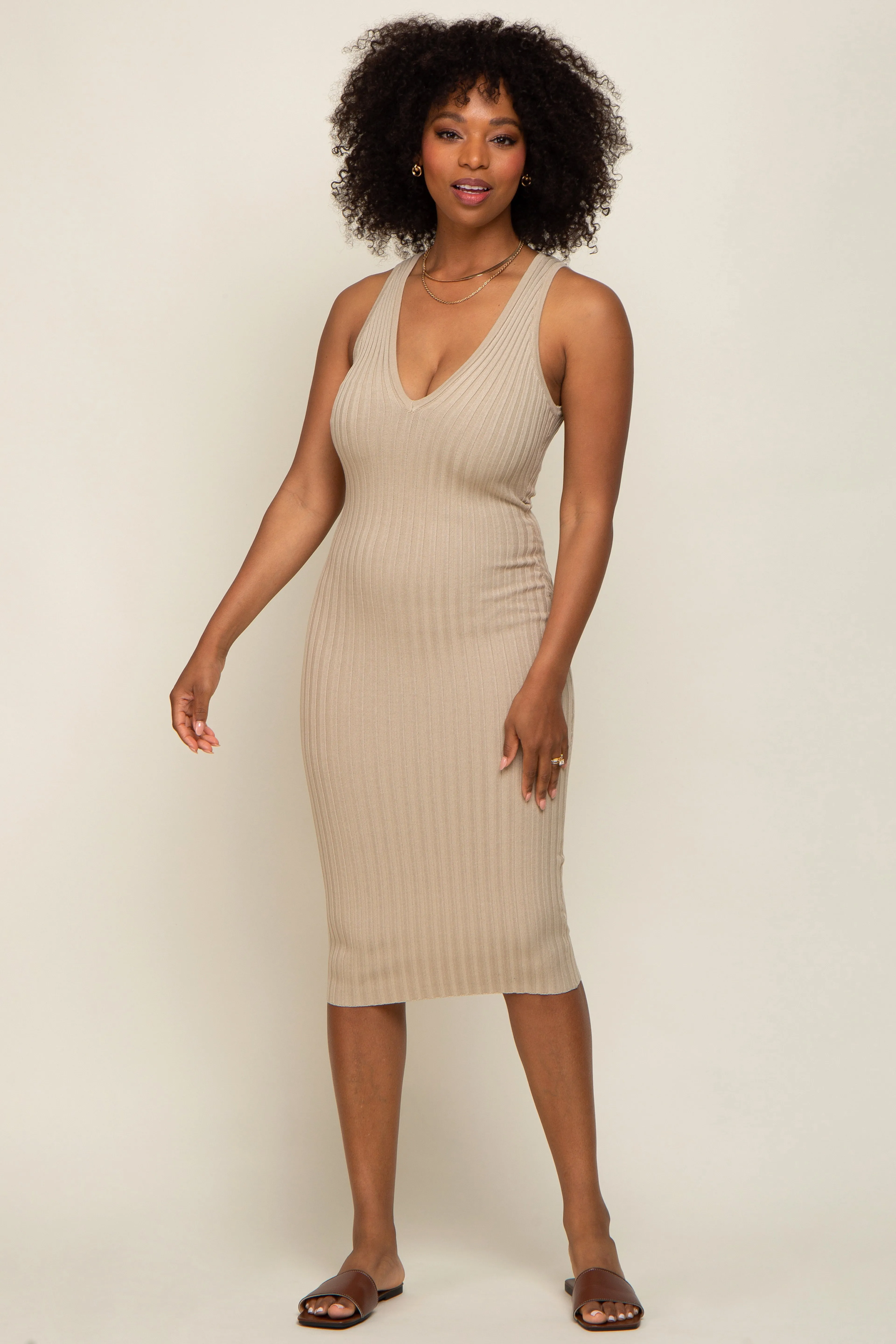 Beige Ribbed Knit Fitted V-Neck Maternity Midi Dress sold by Pinkblush product image thumbnail 5