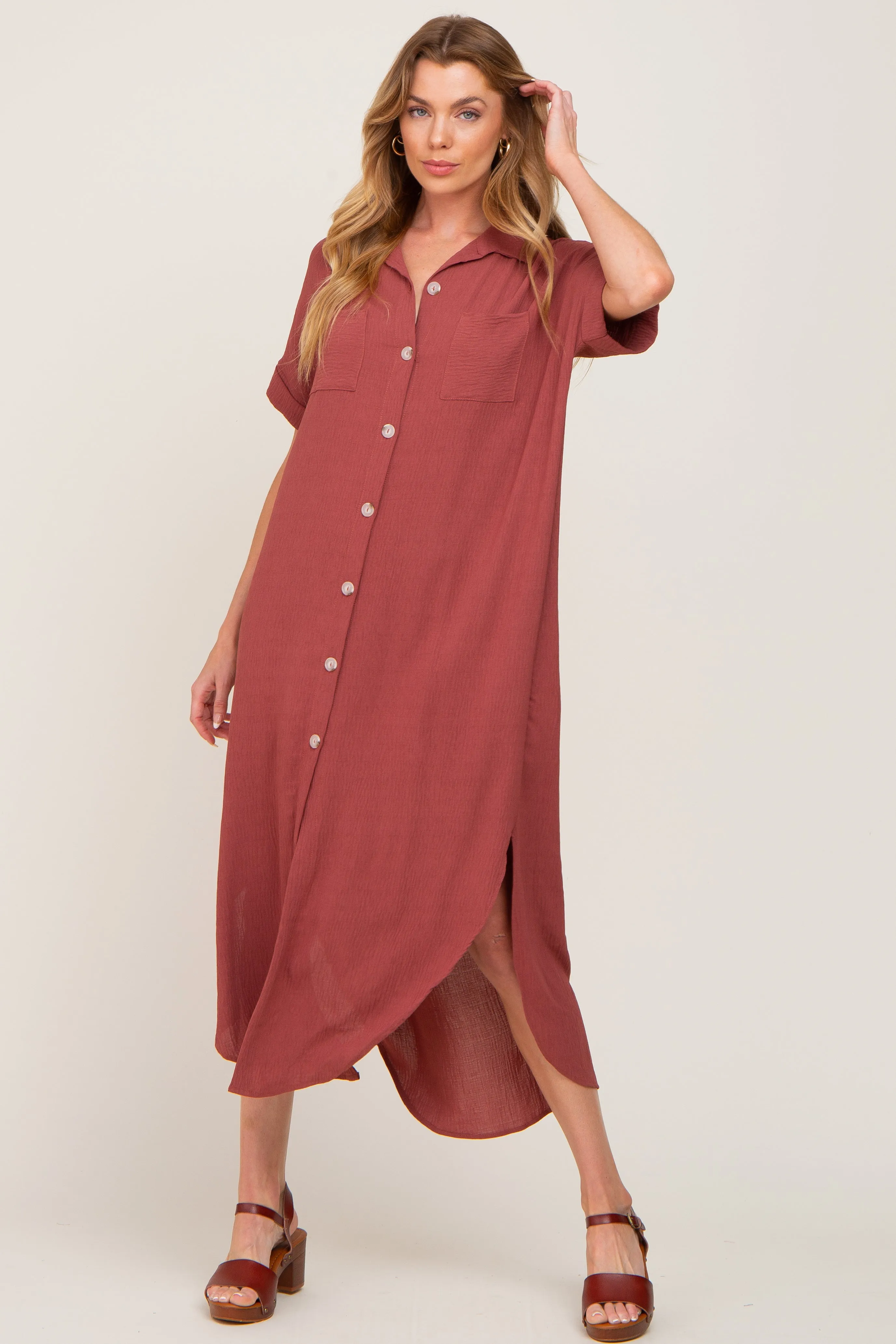 Rust Button Down Hi Low Maxi Dress sold by Pinkblush product image thumbnail 4