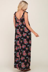 Black Floral Shoulder Tie Maxi Dress sold by Pinkblush