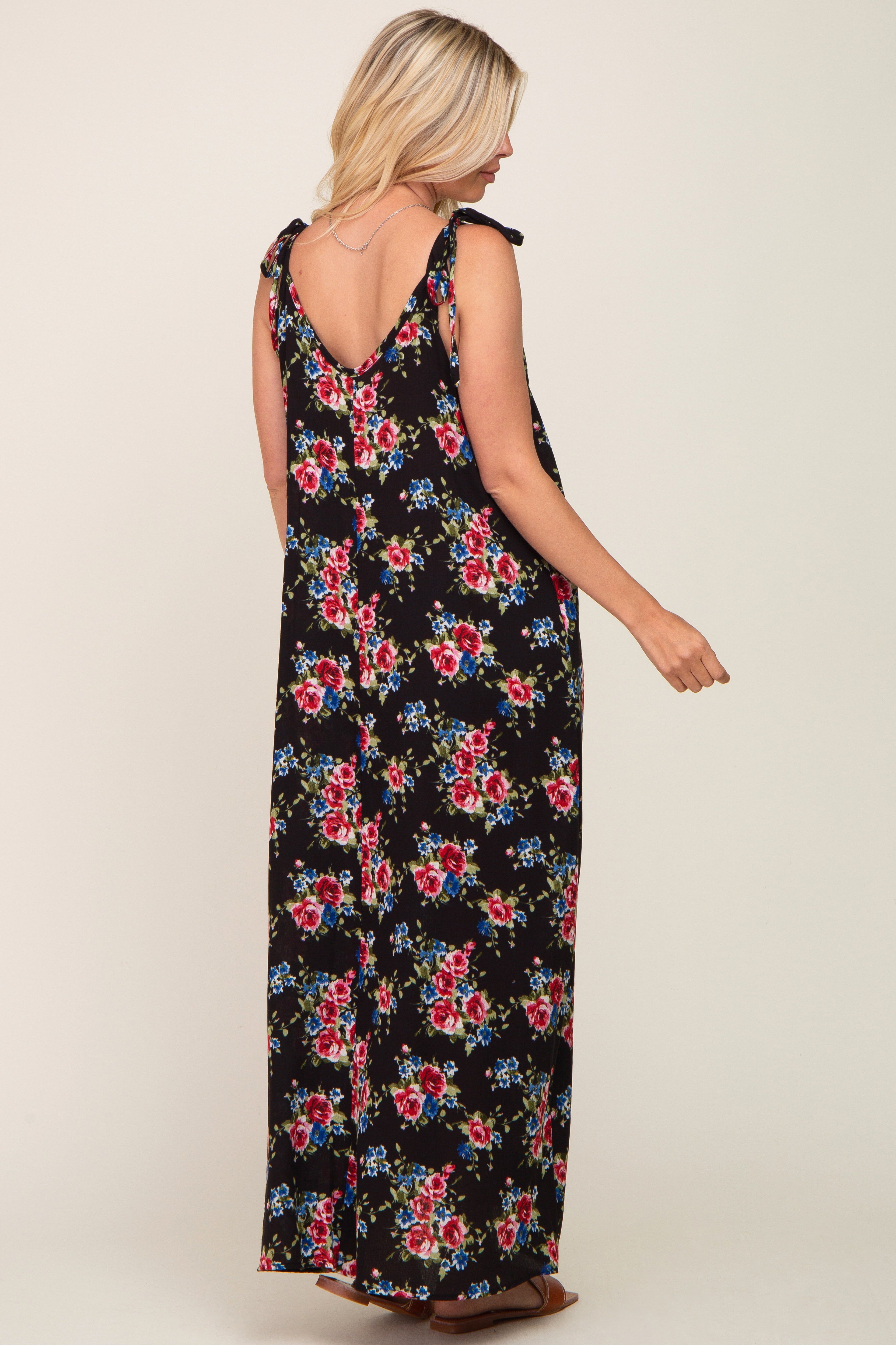 Black Floral Shoulder Tie Maxi Dress sold by Pinkblush product image thumbnail 3