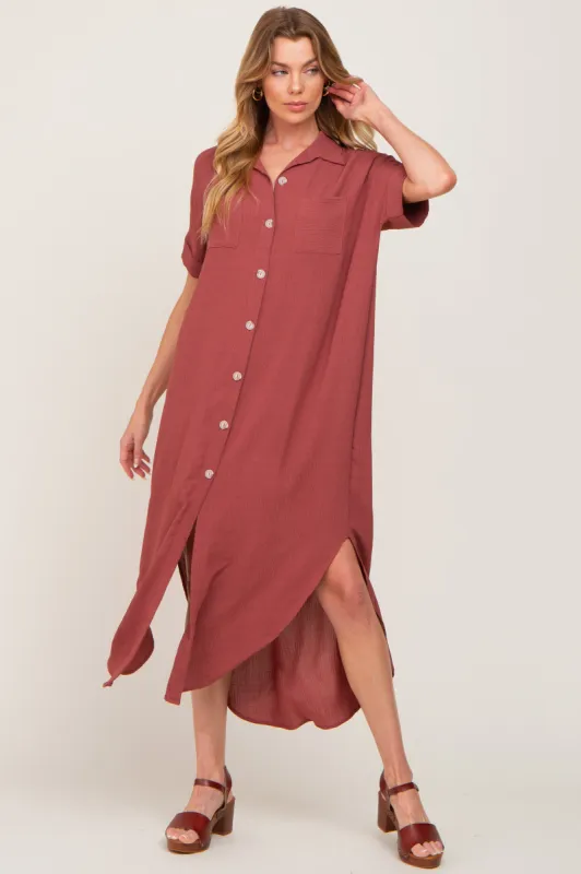 Rust Button Down Hi Low Maxi Dress sold by Pinkblush