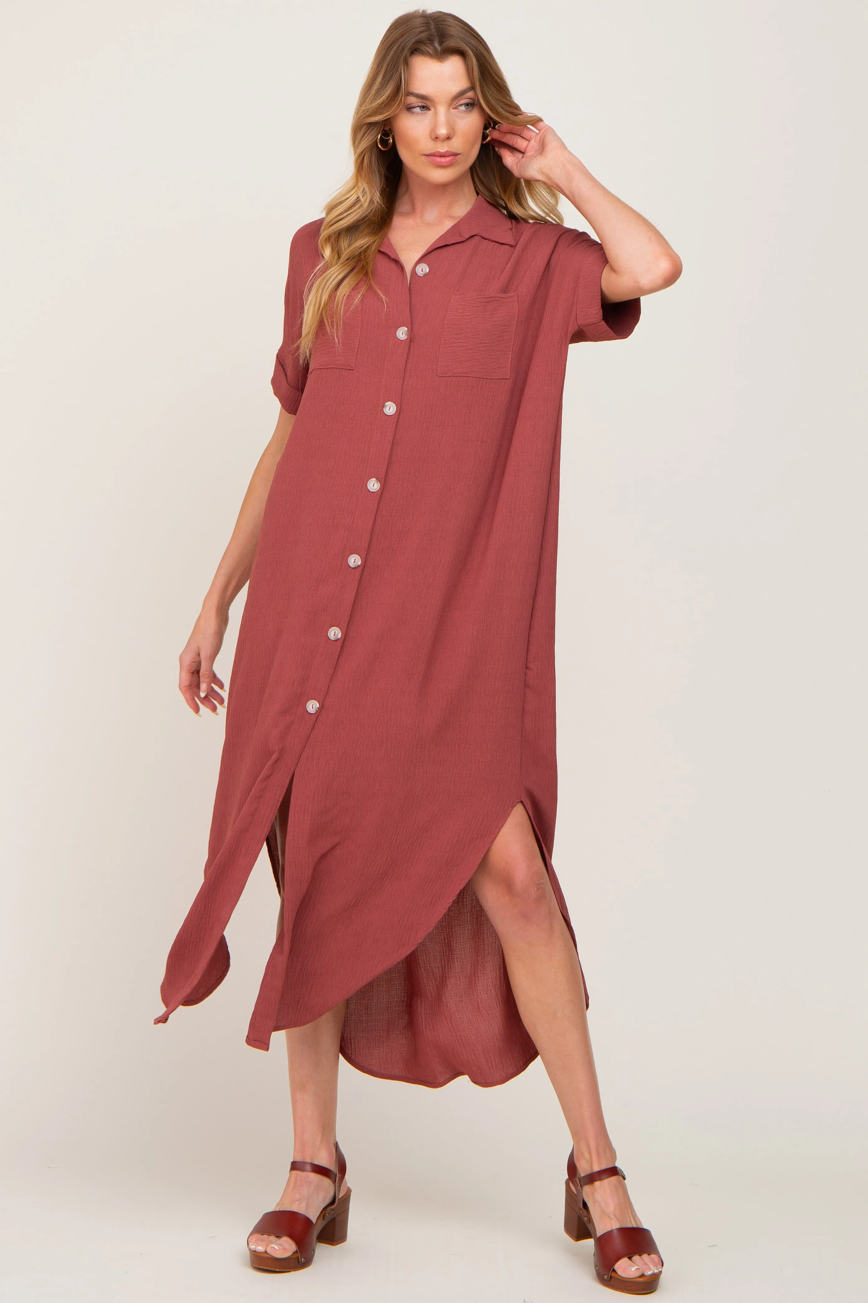Rust Button Down Hi Low Maxi Dress sold by Pinkblush