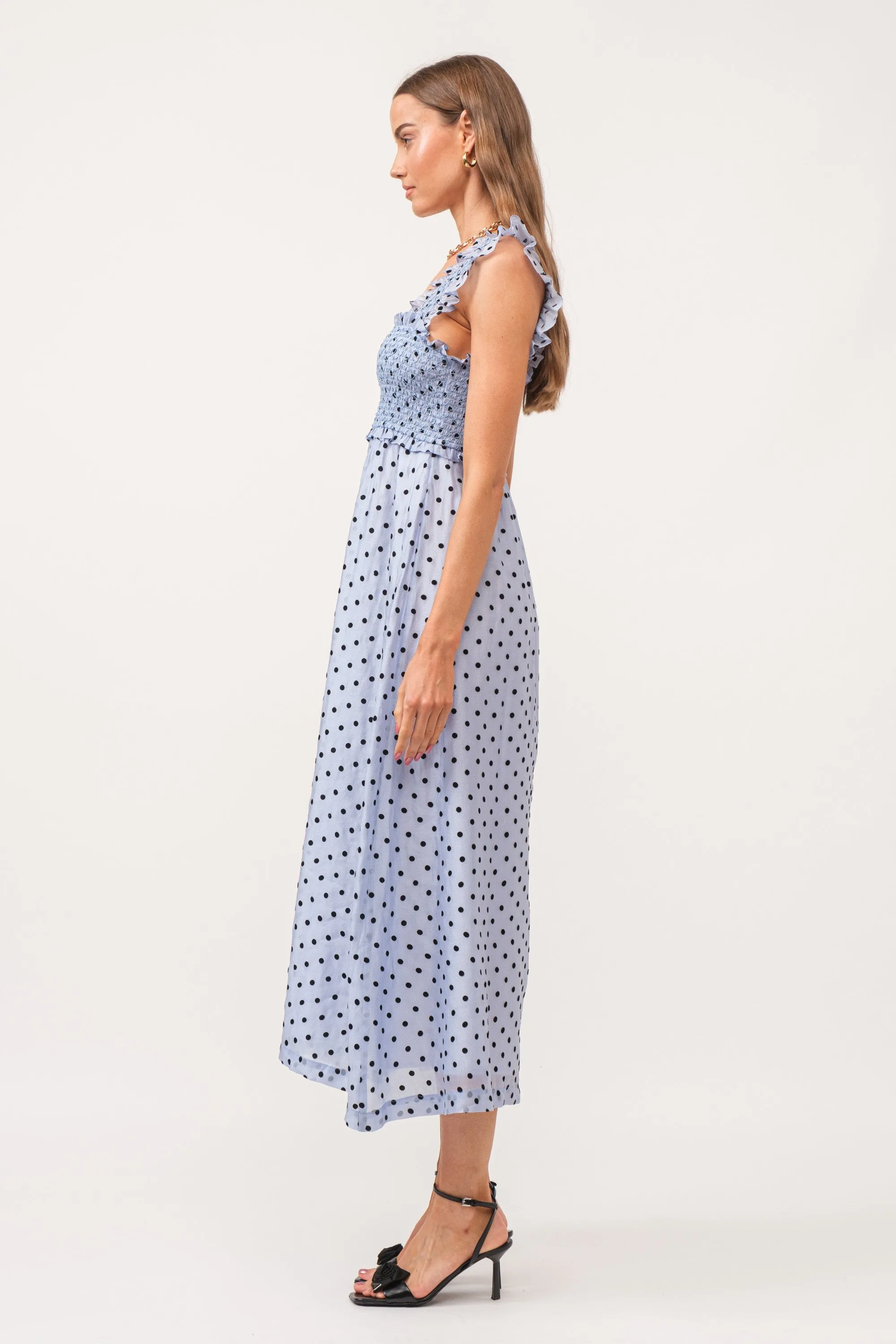 Blue Polka Dot Smocked Midi Dress sold by Pinkblush product image thumbnail 2