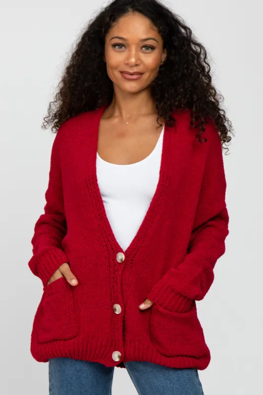 Red Oversized Deep V-Neck Cardigan sold by Pinkblush