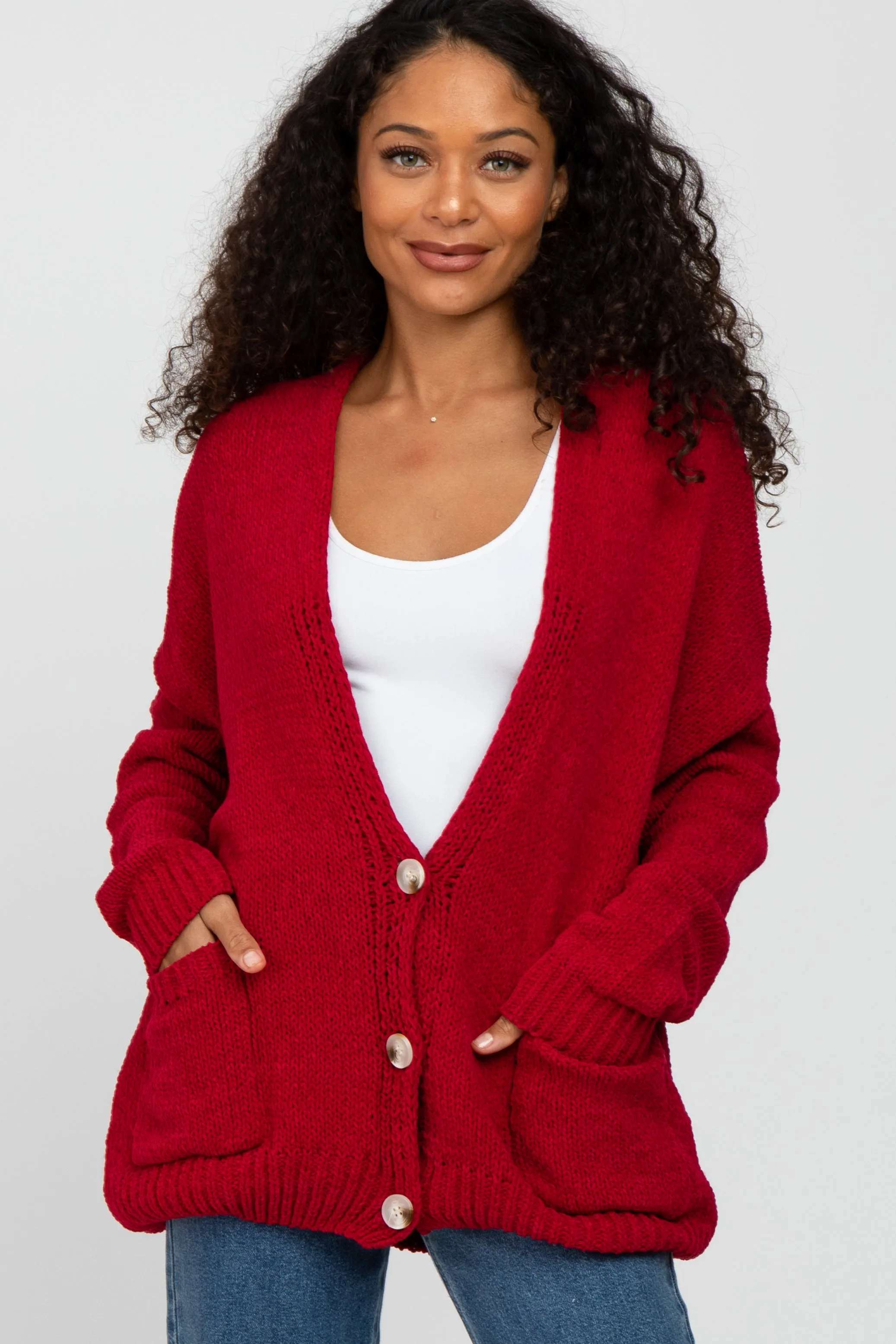 Red Oversized Deep V-Neck Cardigan sold by Pinkblush