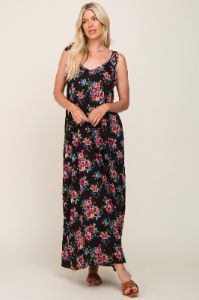 Black Floral Shoulder Tie Maxi Dress sold by Pinkblush