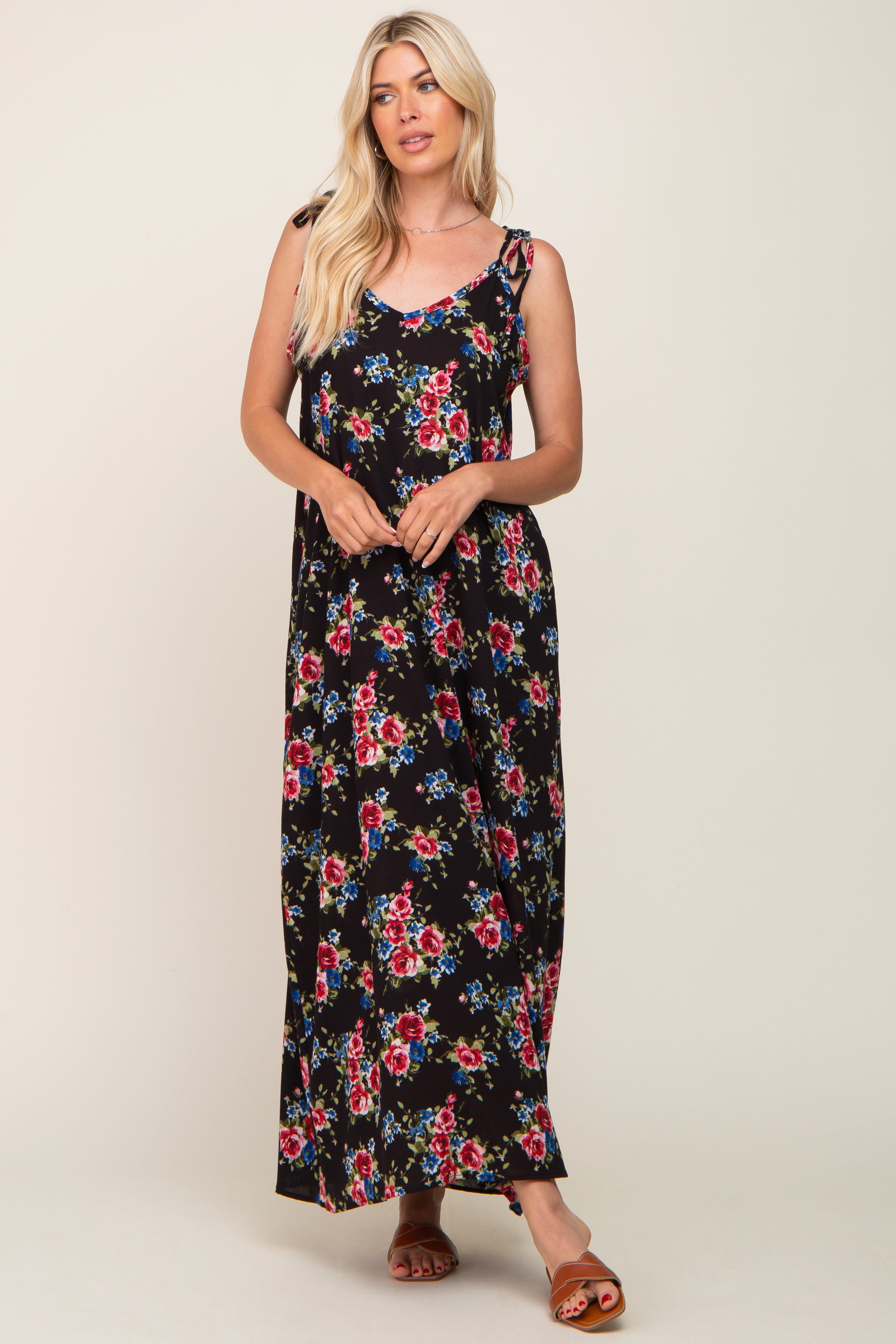 Black Floral Shoulder Tie Maxi Dress sold by Pinkblush product image thumbnail 4