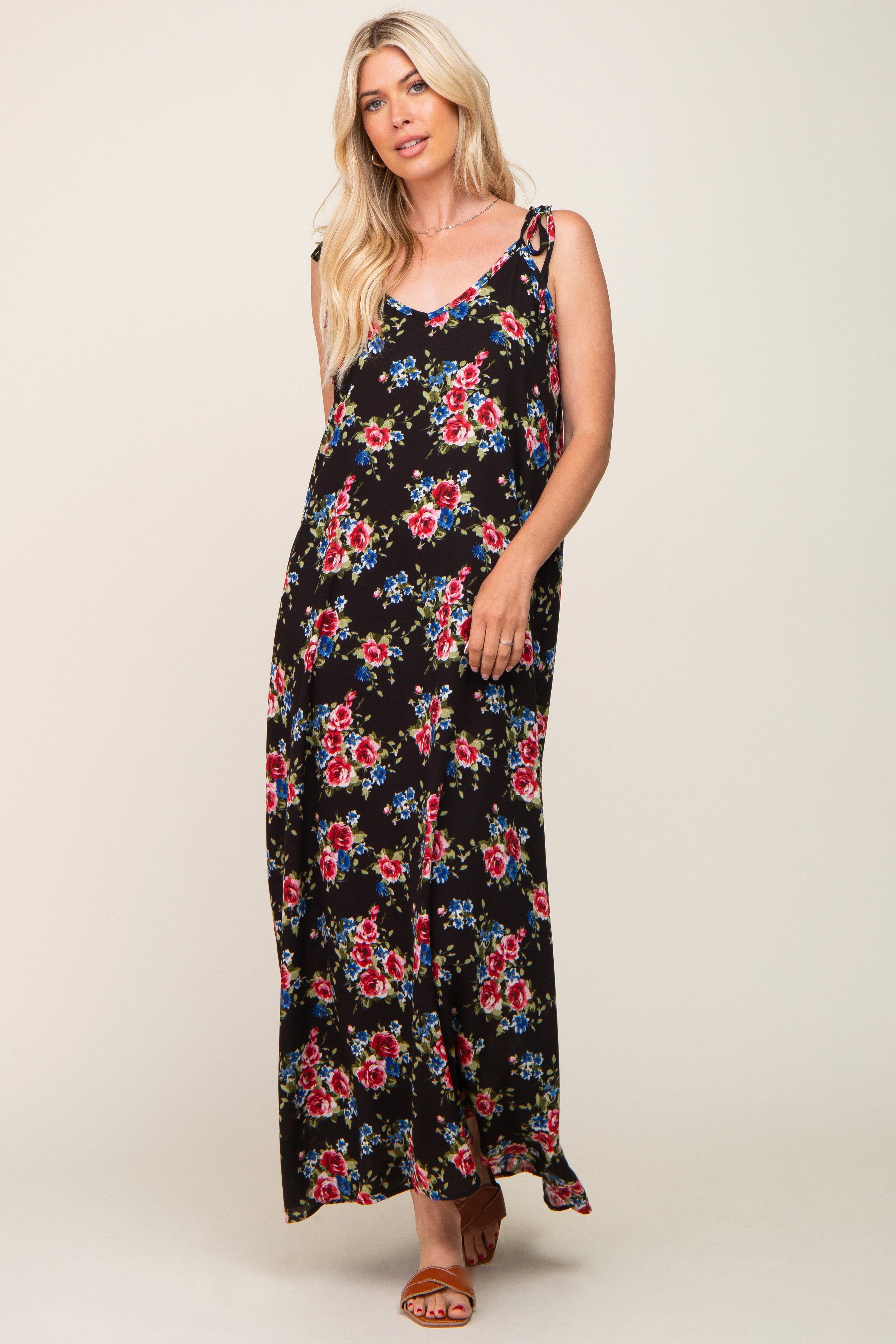 Black Floral Shoulder Tie Maxi Dress sold by Pinkblush