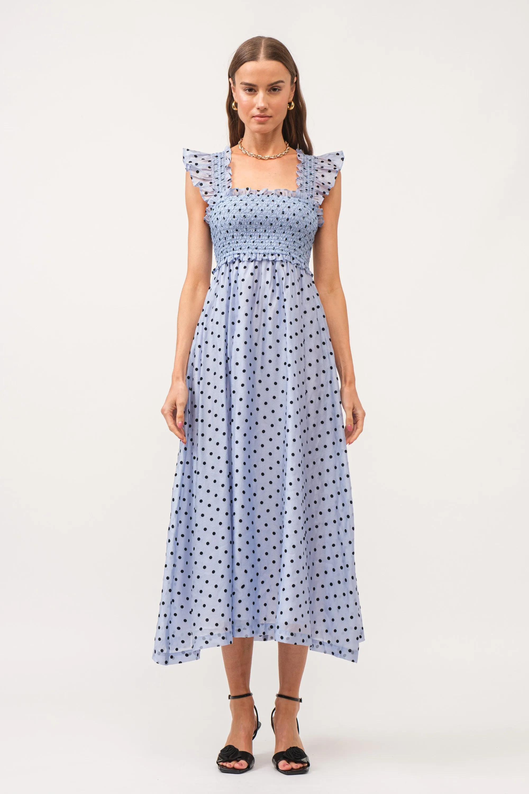 Blue Polka Dot Smocked Midi Dress sold by Pinkblush