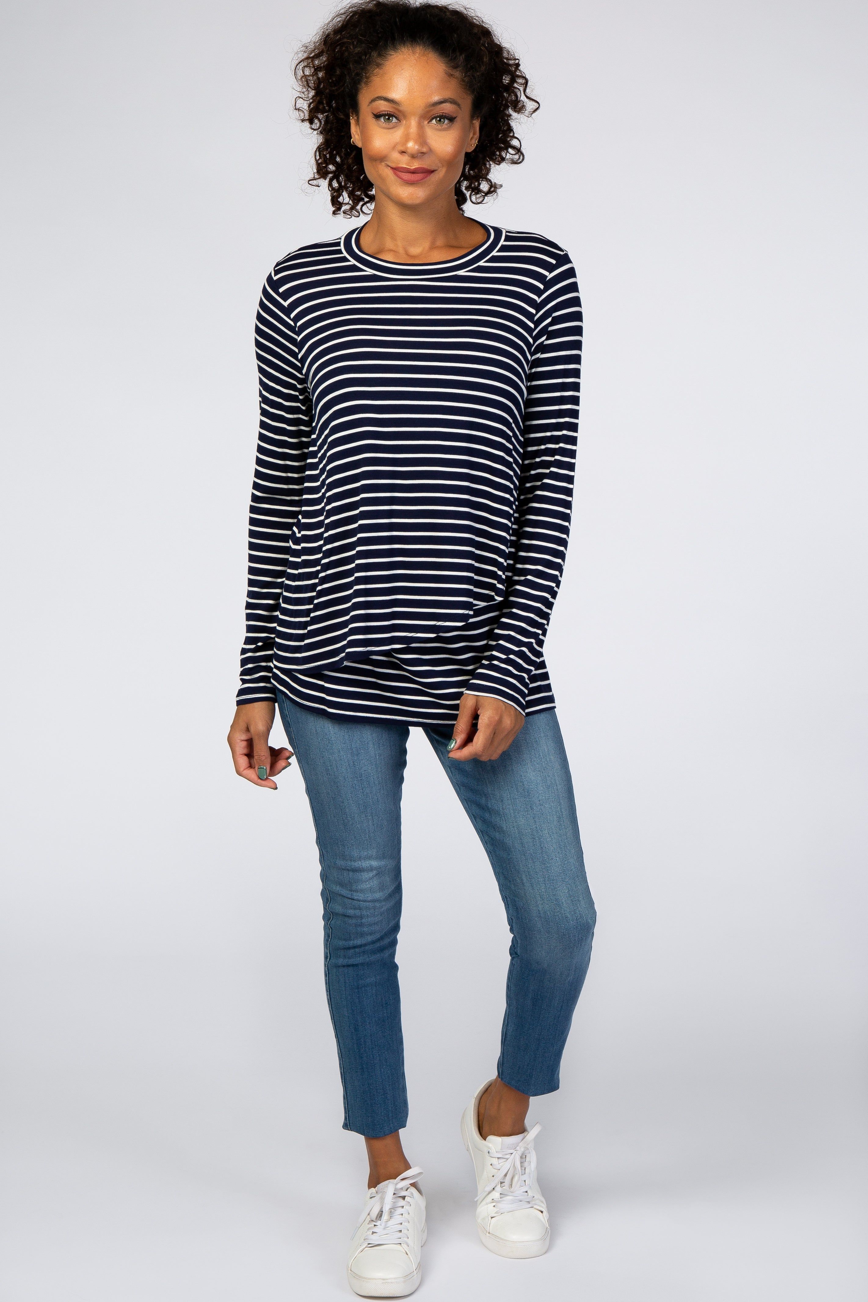 Navy Blue Striped Layered Front Long Sleeve Nursing Top sold by Pinkblush product image thumbnail 5