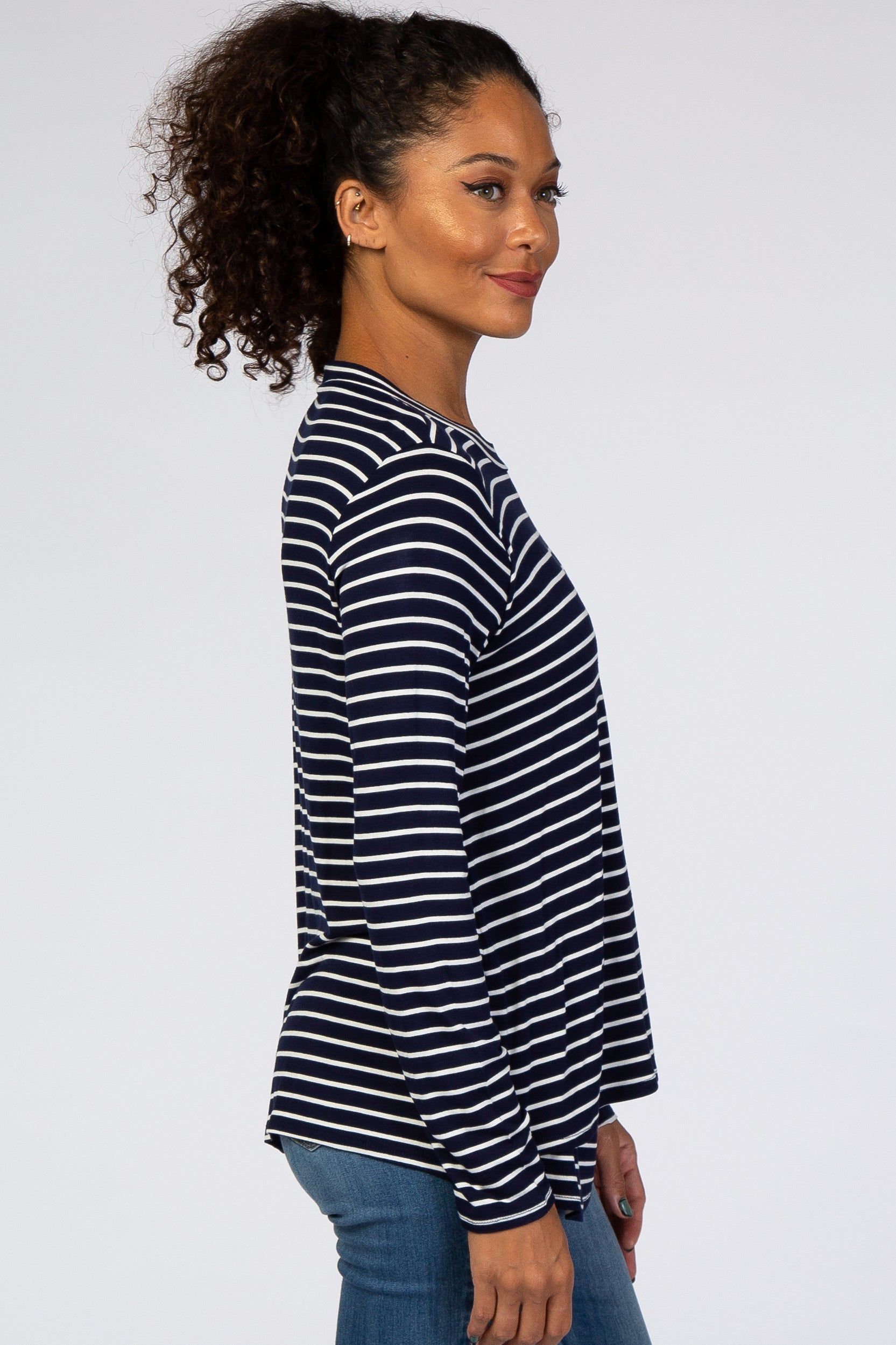 Navy Blue Striped Layered Front Long Sleeve Nursing Top sold by Pinkblush product image thumbnail 2