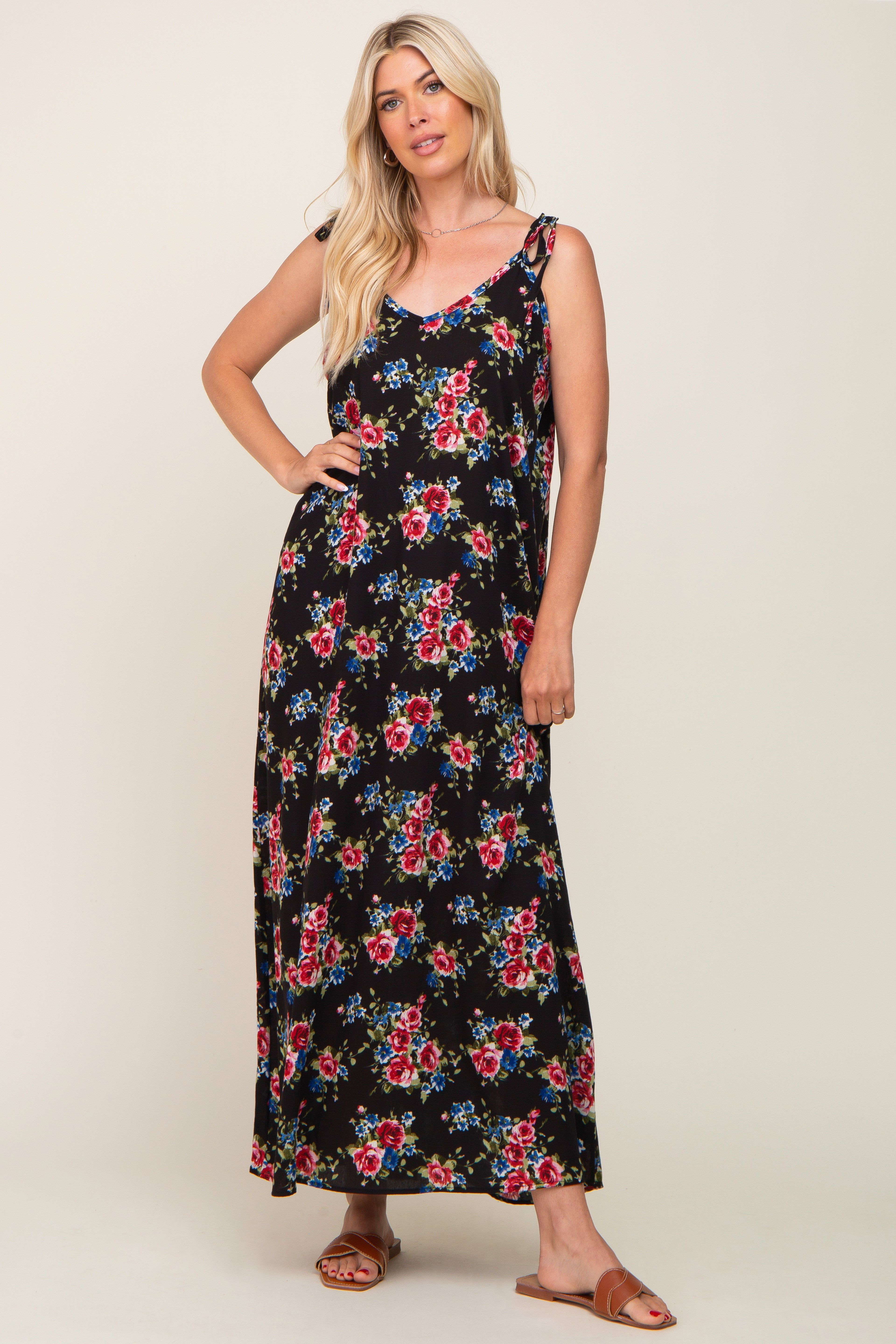 Black Floral Shoulder Tie Maxi Dress sold by Pinkblush product image thumbnail 5