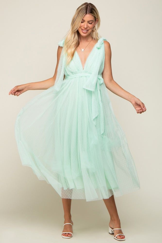 Mint Green Dotted Tulle Deep V-Neck Shoulder Tie Midi Dress sold by Pinkblush product image thumbnail 4