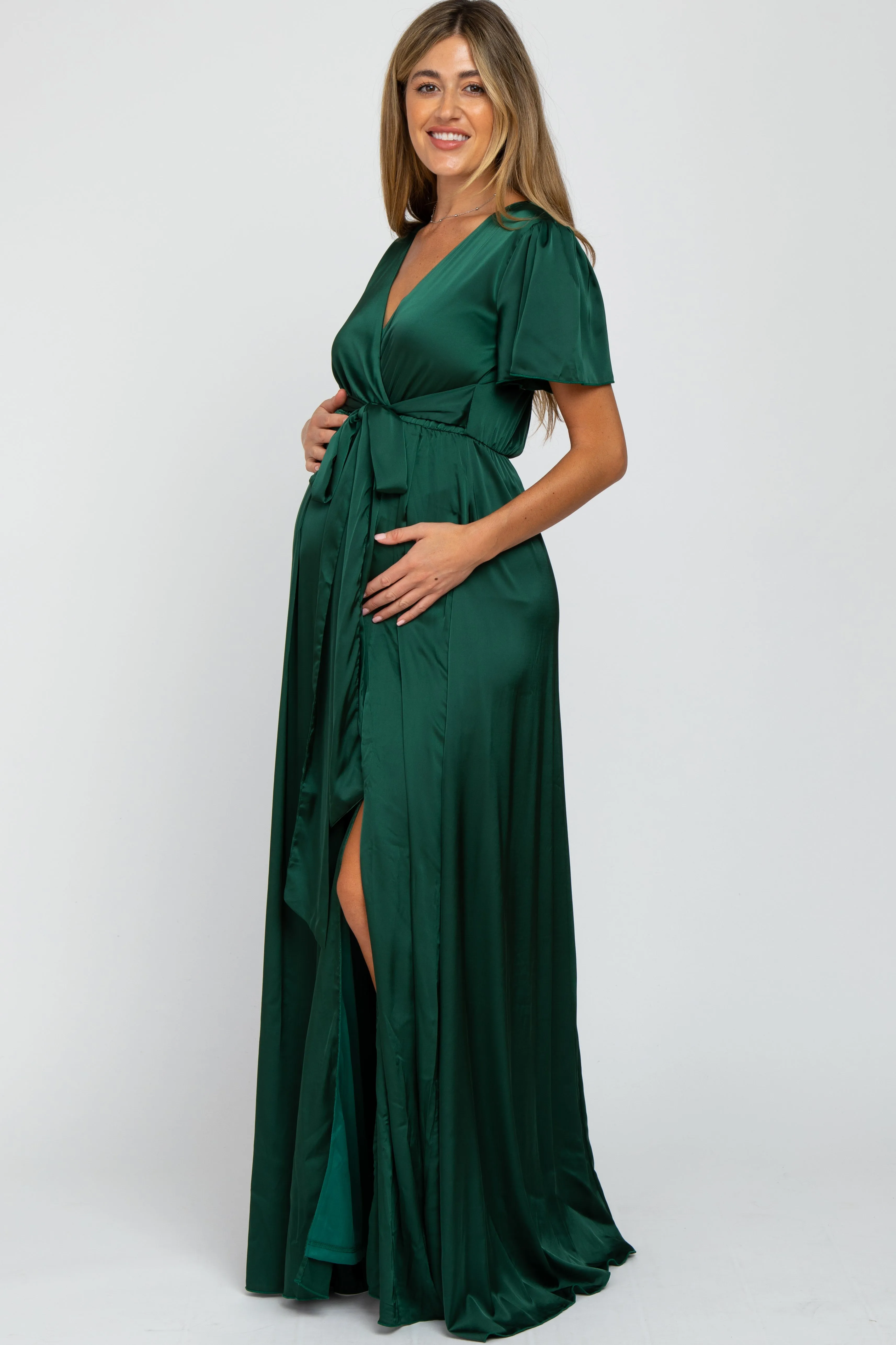 Green Side Slit Satin Maternity Maxi Dress sold by Pinkblush product image thumbnail 2