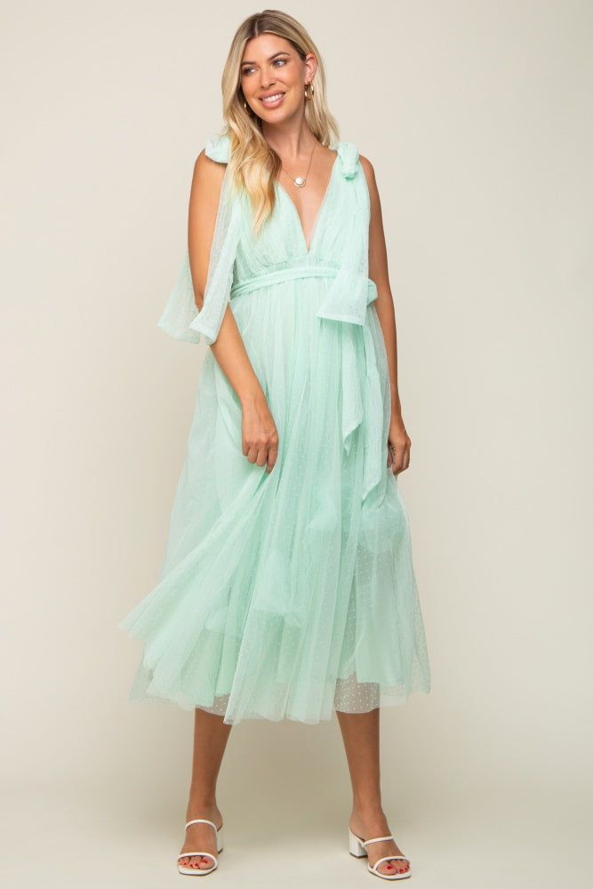 Mint Green Dotted Tulle Deep V-Neck Shoulder Tie Midi Dress sold by Pinkblush product image thumbnail 5