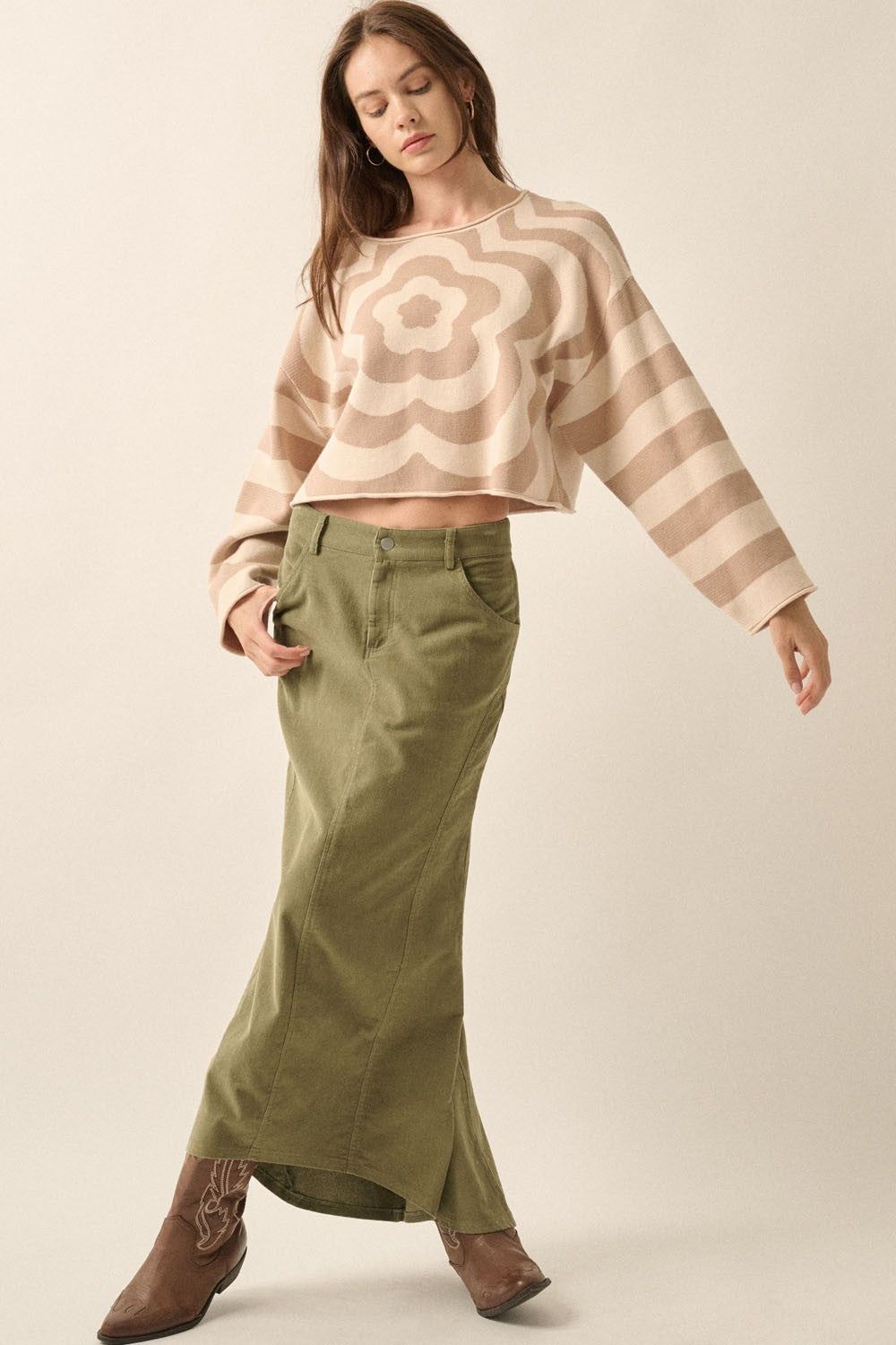 Sand Floral Striped Knit Loose-Fit Sweater sold by Pinkblush product image thumbnail 4