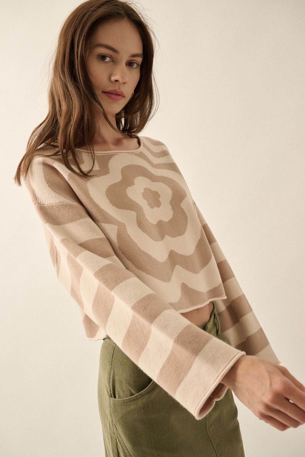 Sand Floral Striped Knit Loose-Fit Sweater sold by Pinkblush