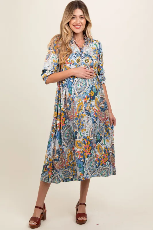 Blue Paisley Print Tiered A-Line Maternity Midi Dress sold by Pinkblush