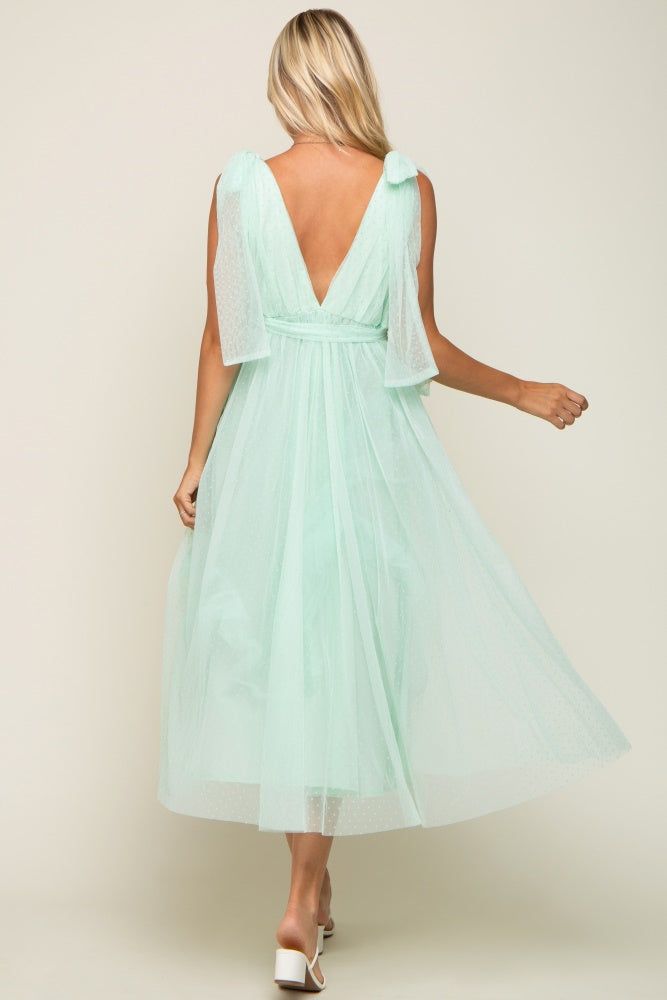 Mint Green Dotted Tulle Deep V-Neck Shoulder Tie Midi Dress sold by Pinkblush product image thumbnail 3