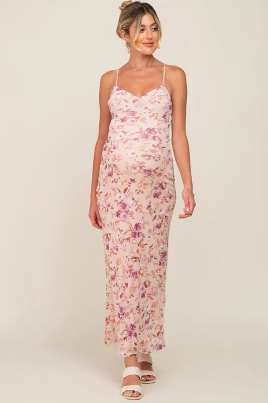 Pink Floral Mesh V-Neck Maternity Maxi Dress sold by Pinkblush