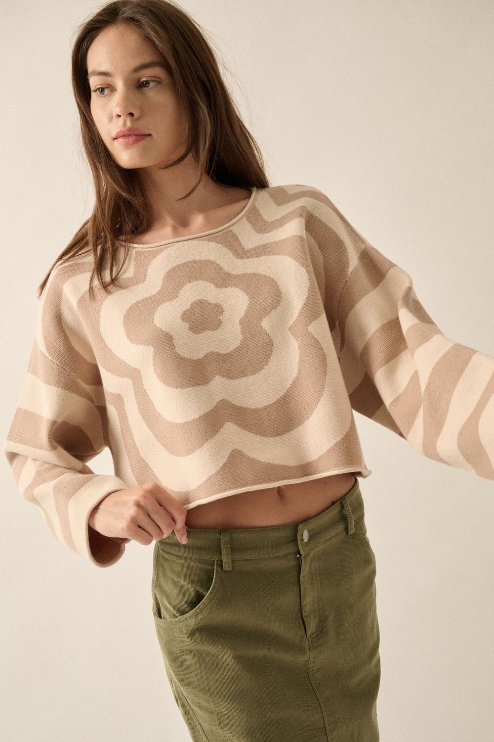 Sand Floral Striped Knit Loose-Fit Sweater sold by Pinkblush product image thumbnail 2