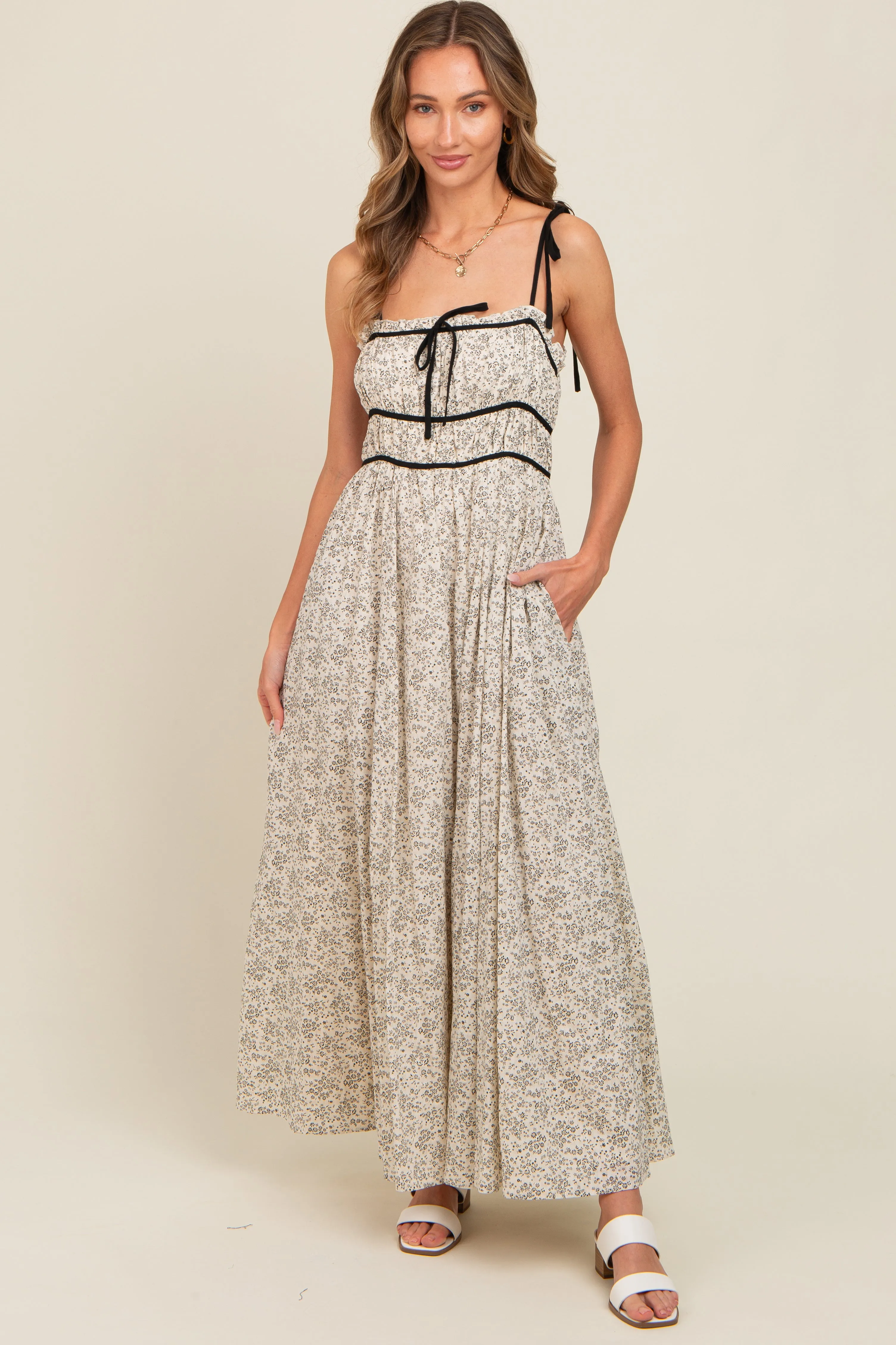 Cream Floral Contrast Ribbon Trim Maternity Maxi Dress sold by Pinkblush product image thumbnail 4