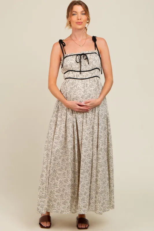 Cream Floral Contrast Ribbon Trim Maternity Maxi Dress sold by Pinkblush