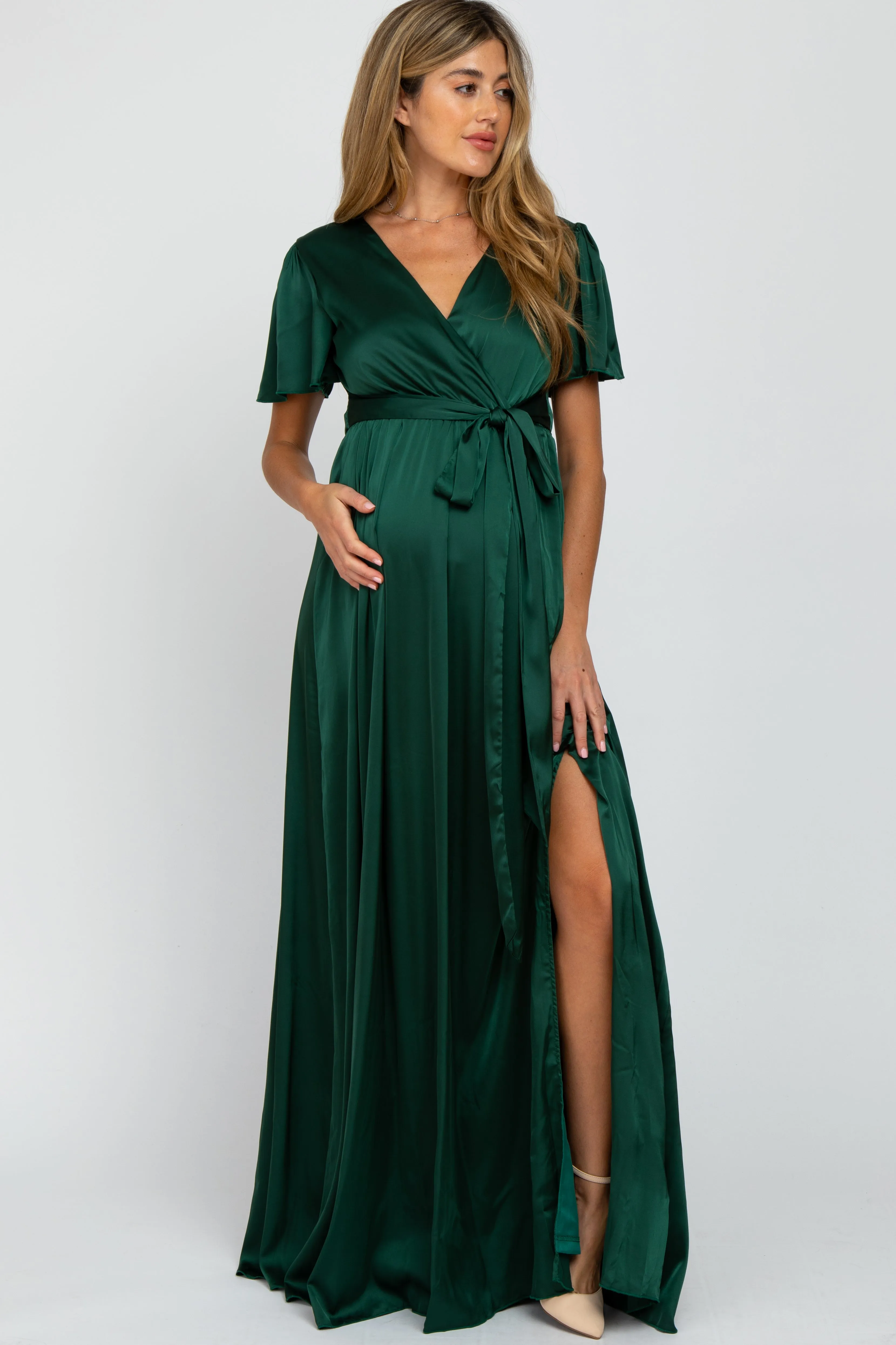Green Side Slit Satin Maternity Maxi Dress sold by Pinkblush