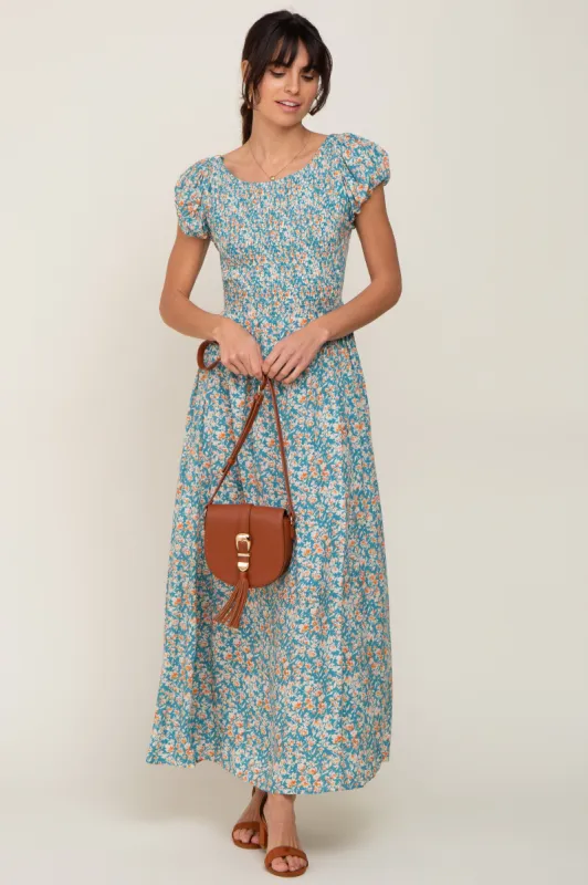 Jade Floral Smocked Open Criss Cross Back Maxi Dress sold by Pinkblush