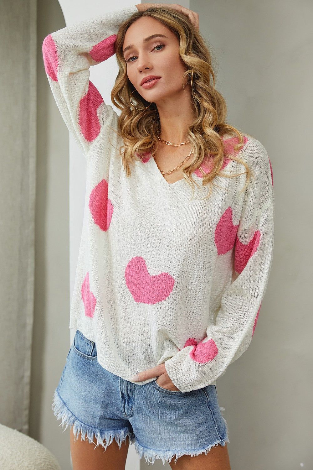 Ivory Pink Multi Heart Sweater sold by Pinkblush