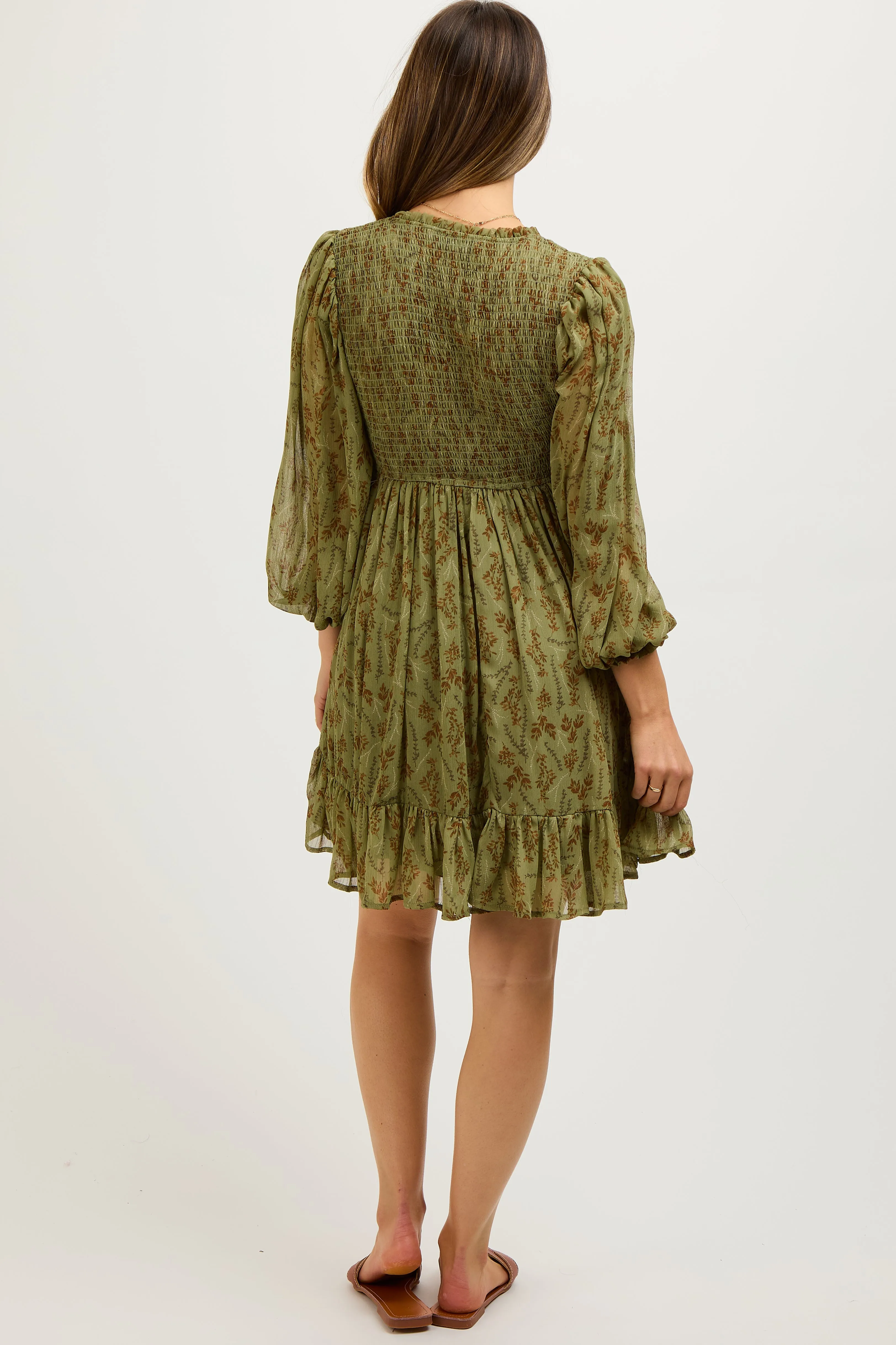 Olive Floral Smocked Long Sleeve Maternity Dress sold by Pinkblush product image thumbnail 3