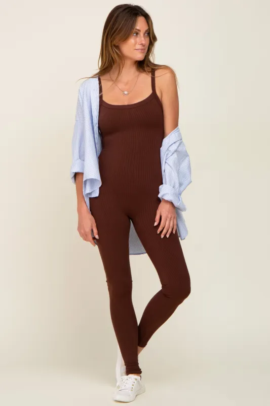 Brown Ribbed Sleeveless Jumpsuit sold by Pinkblush