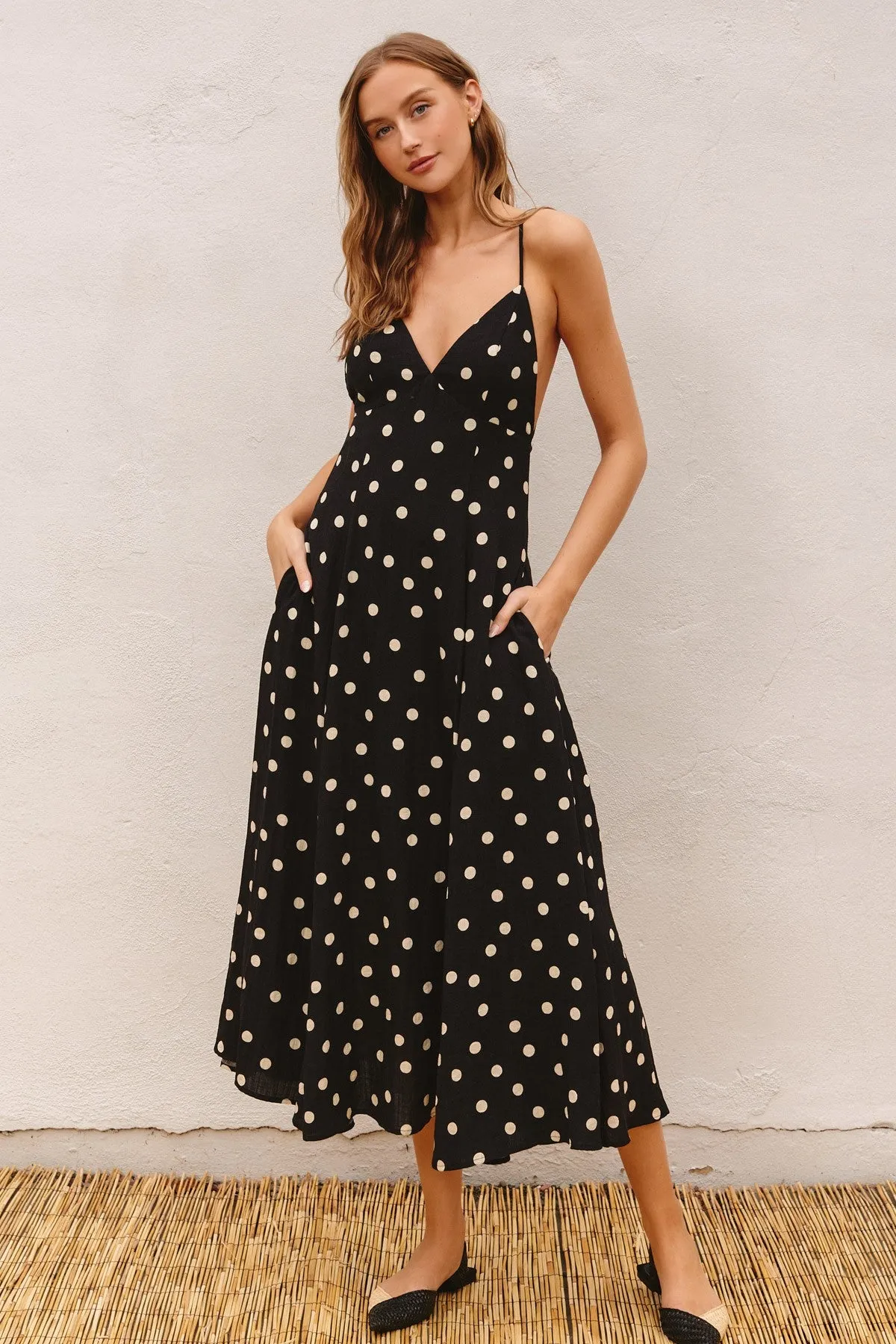Black Polka Dot Lace Up Button Back Midi Dress sold by Pinkblush