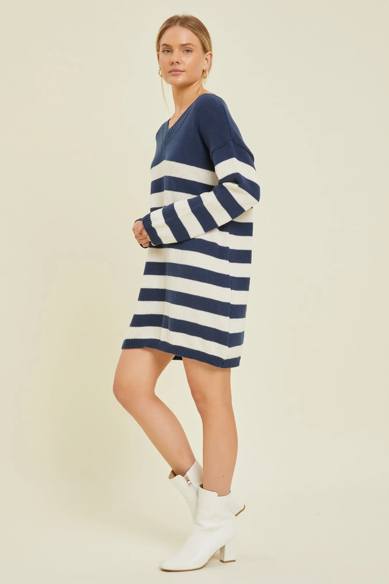 Navy Striped V-Neck Sweater Dress sold by Pinkblush product image thumbnail 2