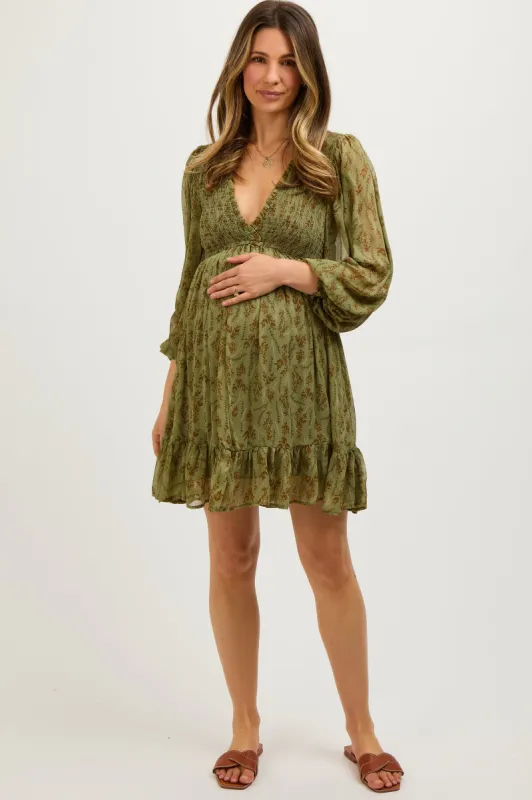 Olive Floral Smocked Long Sleeve Maternity Dress sold by Pinkblush