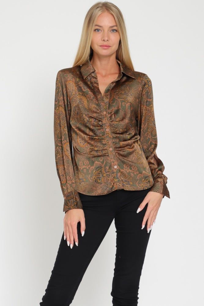Brown Shoulder Pad Long Sleeve Shirt Top sold by Pinkblush