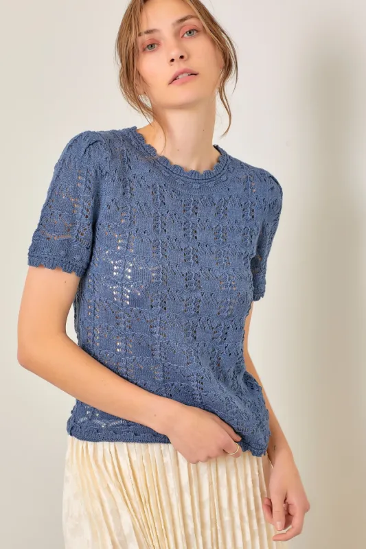 Dusty Blue Crochet Sweater Tee sold by Pinkblush